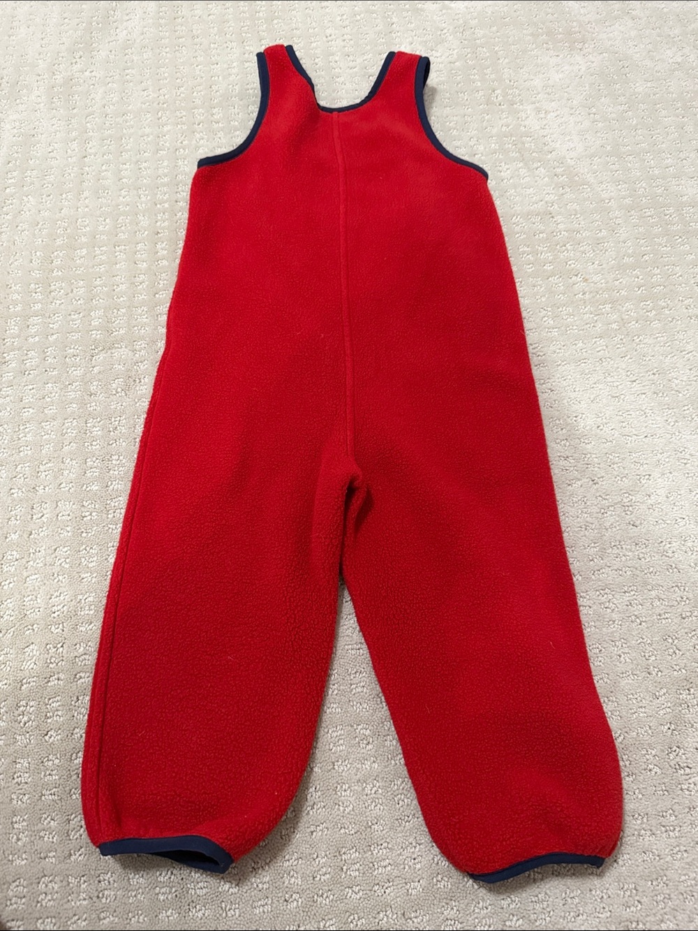 Patagonia Red Fleece Overalls with Navy Trim and Tan Chest Patch - Picture 4 of 4
